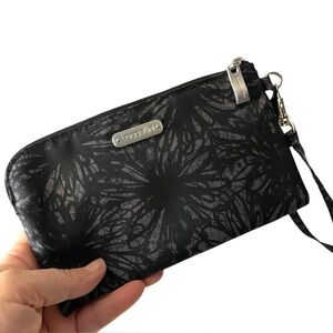 New Baggallini RFID Wristlet Card Wallet Pouch Abstract Floral Black/Gray Lined